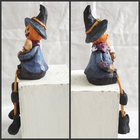 Pumpkin Head Scarecrow Figurine Shelf Sitter Resin Halloween Decor Dangle Legs - Picture 2 of 12